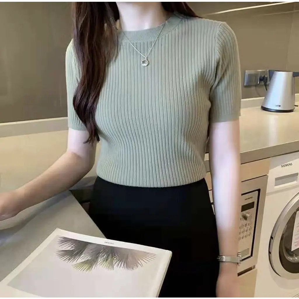 A134 - Áo Len Tăm Đũa Cộc Tay Dáng Ôm Cổ Tròn - ngocdiepvustore