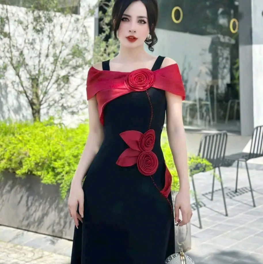 Đầm trung niên đính bông bẹt vai Nữ Women Dress