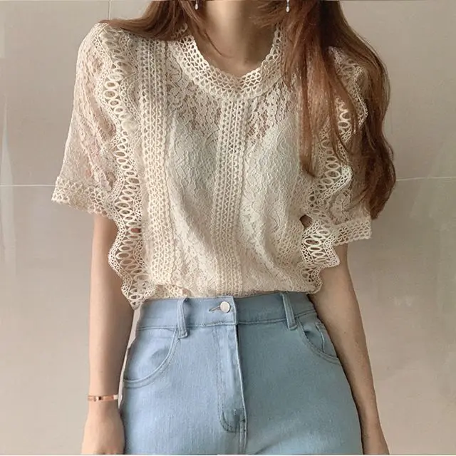 Áo Ren khoét Phong Cách Hàn Quốc Mới, Dáng Rộng Vừa Vặn, Siêu Thanh Lịch, Dành Cho Mùa Hè Của Phụ Nữ, Áo Sơ Mi, Phong Cách Phương Tây, Dễ Phối Đồ, Cỡ Lớn, Thích Hợp Cho Áo Sơ Mi Nhỏ Của Phụ Nữ
