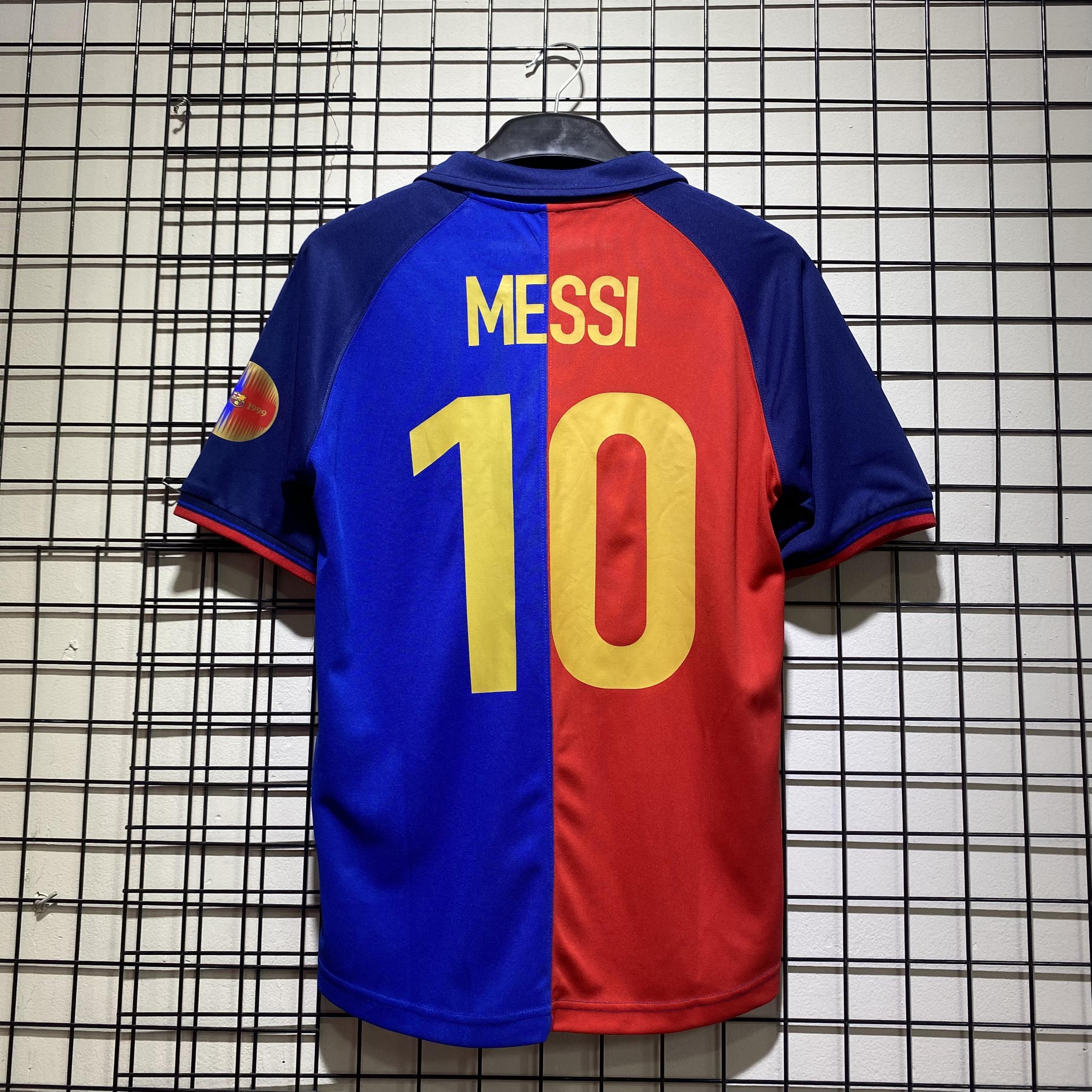 Áo bóng đá retro Barca 1999 đỏ xanh In Messi-10 vải Cotton Polyester nguyên tem