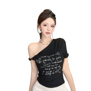 Unique Print Irregular Off-Shoulder T-Shirt for Women Summer New Design Slim Fit Slimming Collarbone-Exposing Hot Girl Top Casual Fashion