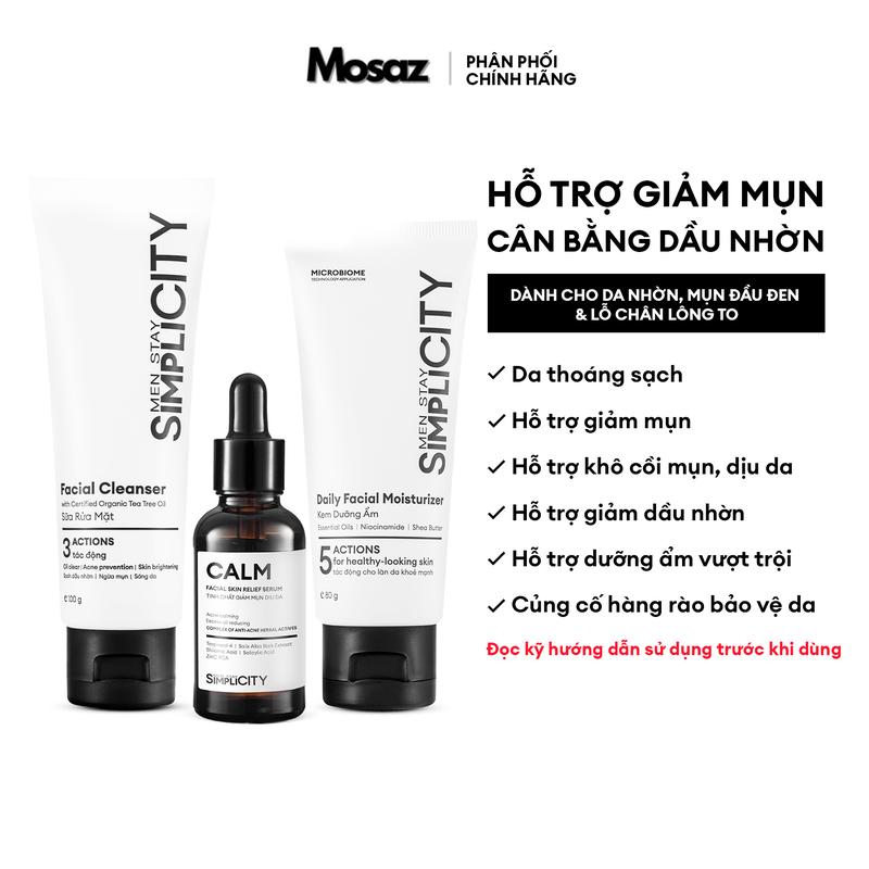 Bộ sản phẩm hỗ trợ chăm sóc da mụn nhẹ & vừa cho nam Men Stay Simplicity Acne Relief Skincare Trio gồm: Sữa rửa mặt 100g Serum Calm 30ml & Kem dưỡng ẩm 80g 