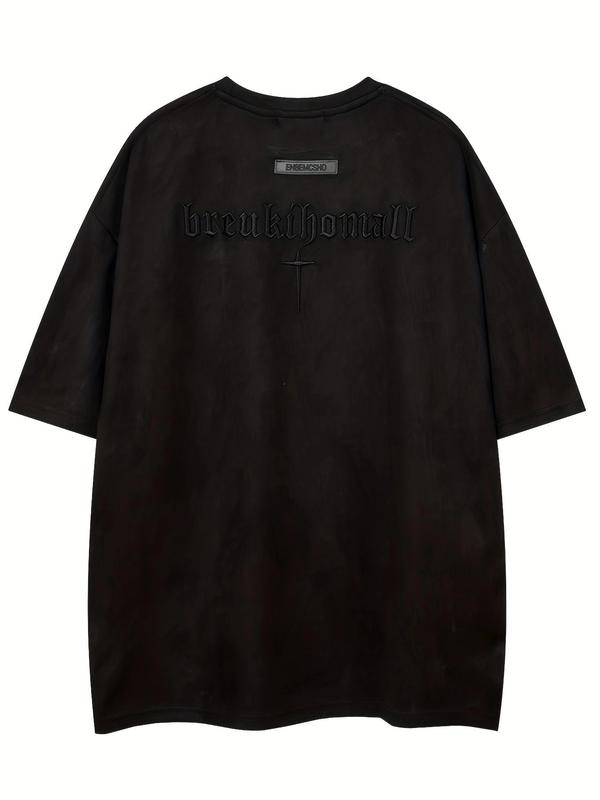 Unisex Regular Fit Letter & Cross Print Drop Shoulder Tee, Men's Casual Soft Comfy Round Neck Half Sleeve T-Shirt for Summer, Fashion Men's Top for Daily Wear 1