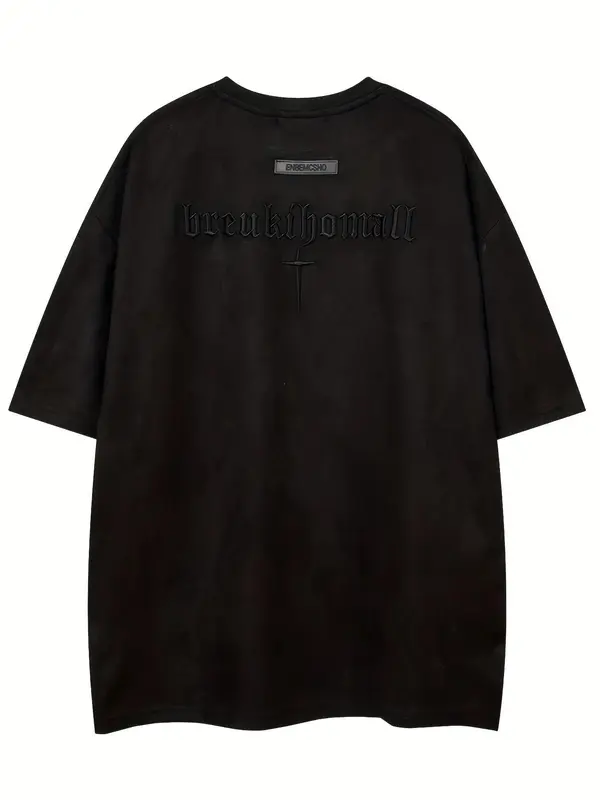 Unisex Regular Fit Letter & Cross Print Drop Shoulder Tee, Men's Casual Soft Comfy Round Neck Half Sleeve T-Shirt for Summer, Fashion Men's Top for Daily Wear 1