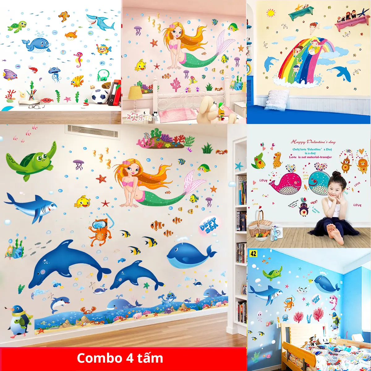 Đề can dán tường cá và động vật dưới nước cho bé, hình sticker dán tường cá cho bé trang trí phòng tắm, bể bơi Decal Decor
