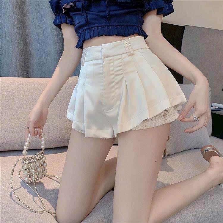 Quần váy xoè xếp ly lưng cao phối ren mẫu mới Nữ Trắng Đen 1