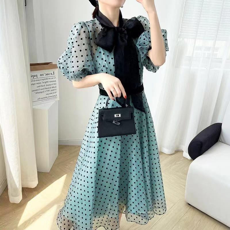 2023 Versi Korea Baru dari Gaun Polidar Lengan Polidar/Busur Angkung Rok Tanah Casual Sifon Satin Wanita Panjang Hitam Dress Pendek Midi Retro 2