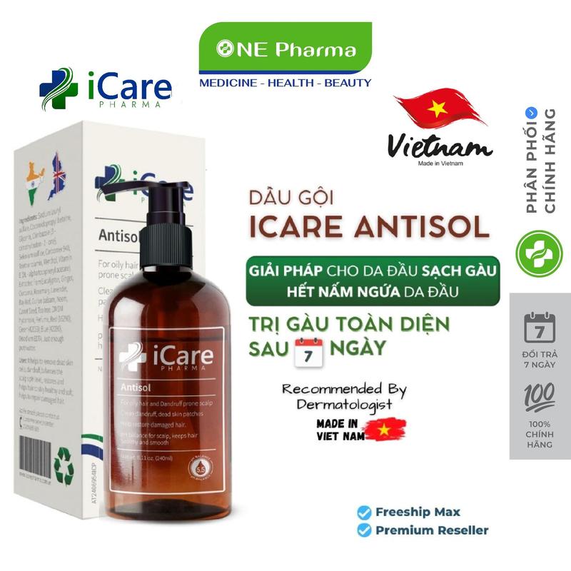 Dầu Gội iCare Pharma Antisol dược liệu pH 6.5 làm sạch gàu giảm ngứa và bết tóc 240ml