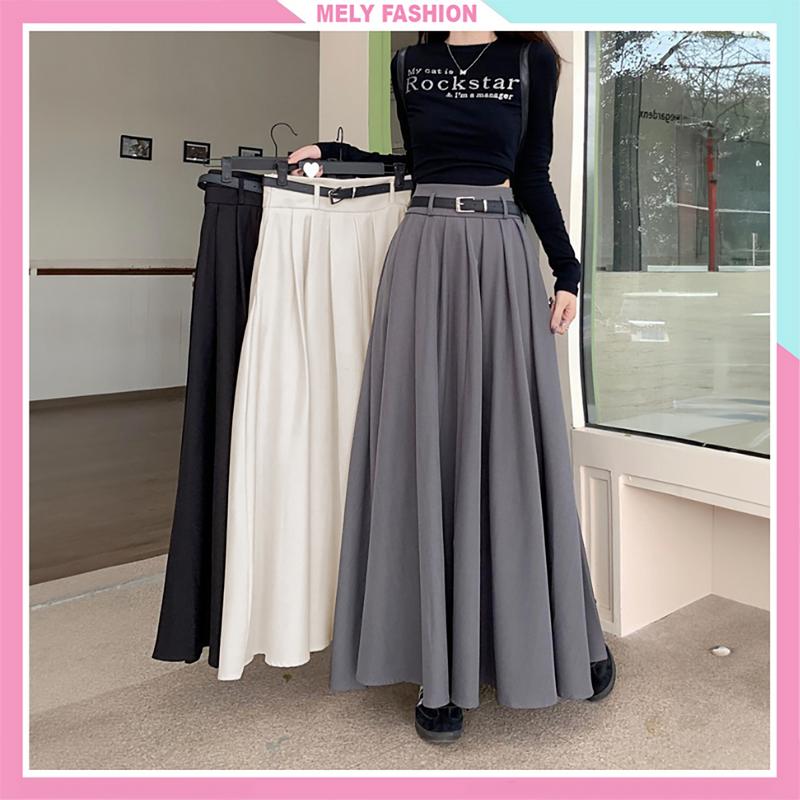 Chân váy xếp ly midi dáng dài qua gối có túi chất Ruby phong cách công sở Hàn Quốc màu đen ghi kem Mely Fashion CV84 Women