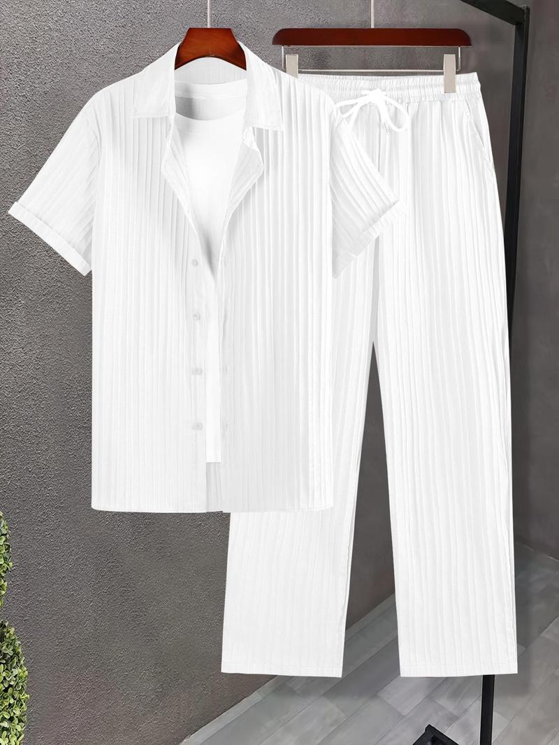 Product Introduction of Two-piece Set Men's Solid Textured Button Front Shirt & Drawstring Waist Pants, Loose Casual Short Sleeve Collared Top & Pocket Trousers for Beach Vacation, Men's Two-piece Outfits for All Seasons 20