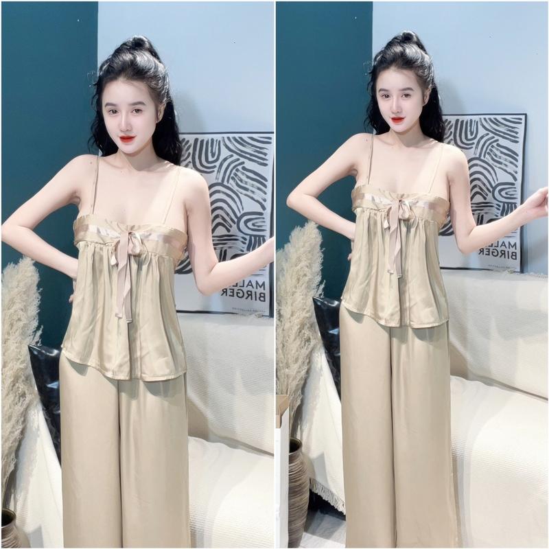 Đồ Bộ, Đồ Ngủ Áo 2 Dây Phối Nơ Quần Dài Chất Lụa Latin Mịn Mượt - Freesize Nhung Nữ 6