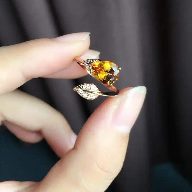 Natural Citrine Ring 925 Sterling Silver Inlaid Topaz Leaves Three-Dimensional Opening European and American Personalized Ring Gift