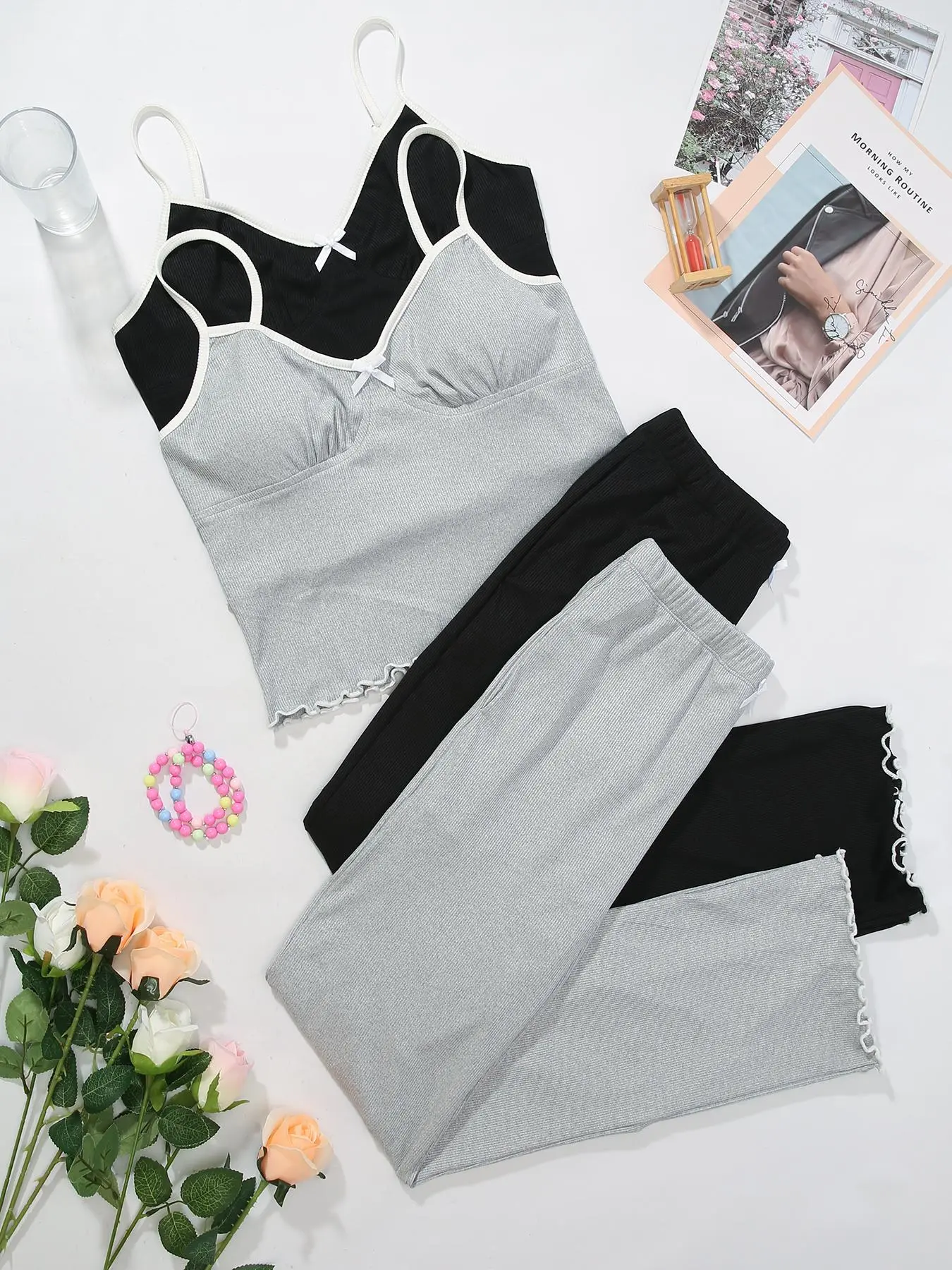 Women's Plain Bow Front Lettuce Trim Crop Cami Top & Elastic Waist Shorts Pyjama Set, Cute Comfy PJ Set for Women, Women's Sleepwear for Summer, Lingerie