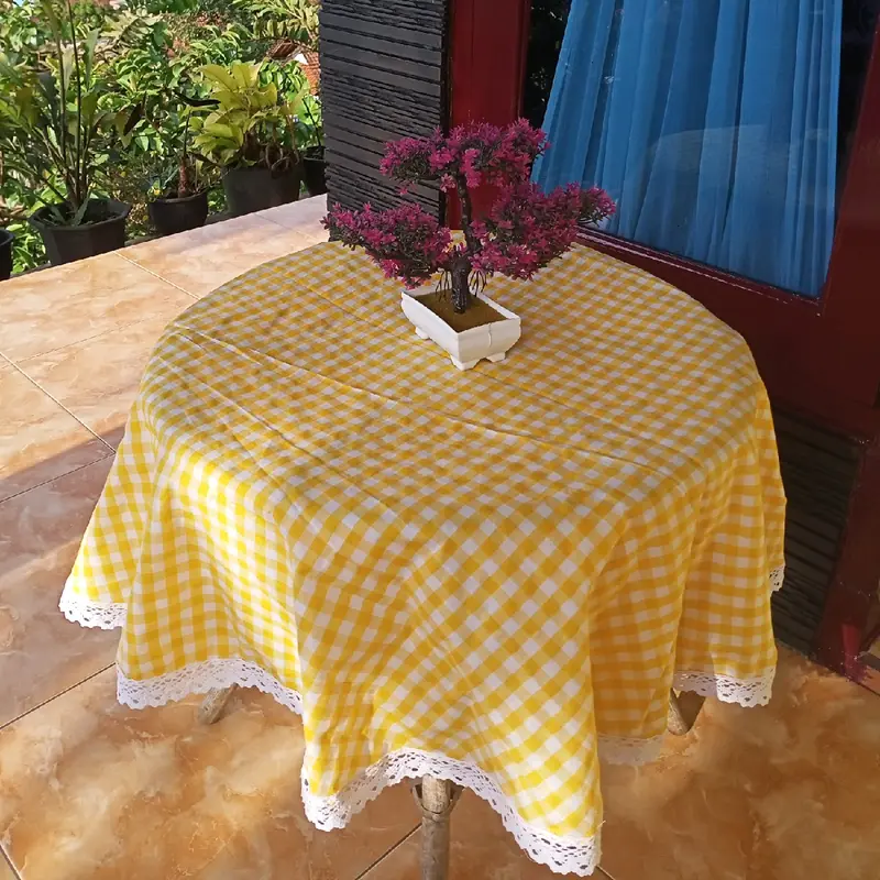 taplak meja bulat renda rajut estetik kekinian motif kain kotak kotak Gingham Ala korea 1
