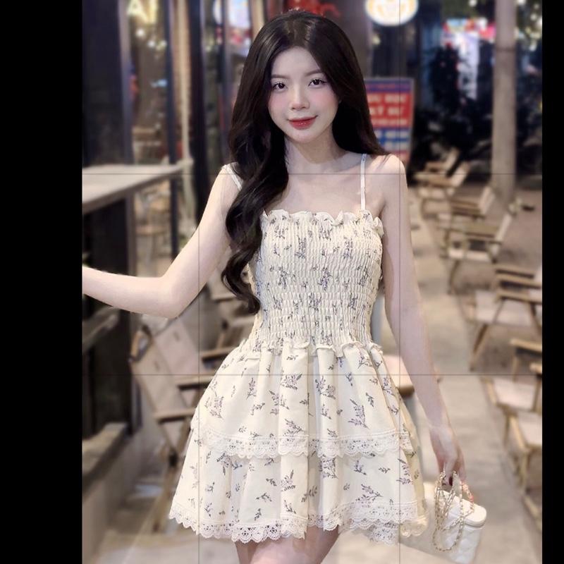 Đầm 2 dây nhún phối hoạ tiết hoa nhí 2 tầng bồng xoè 2