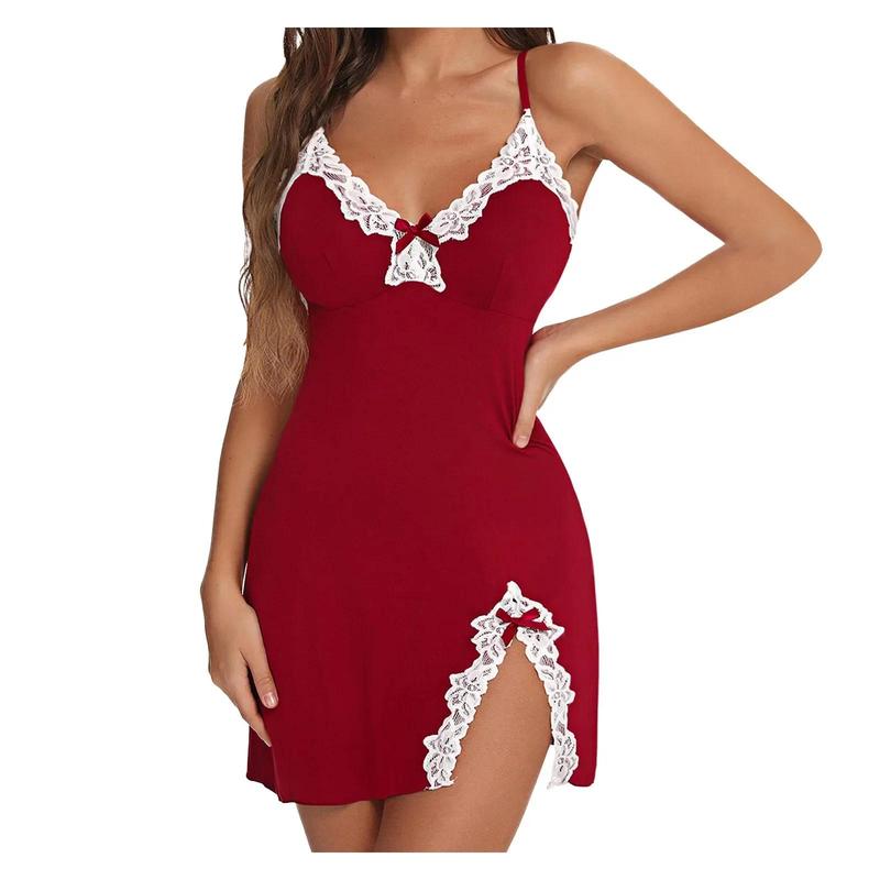 Product Introduction of Lace Silk Gathering Underwear Bow Side Split Slim Fit Hanging Strap Sleeping Dress Set 7