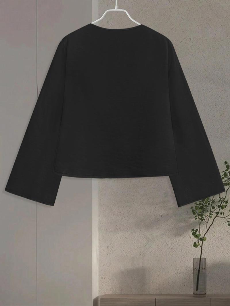 Product Introduction of Women's Plain Tie Front V Neck Blouse, Casual Long Sleeve Top for Spring & Fall, Women's Clothing for Daily Wear, Workwear, January Workwear 10