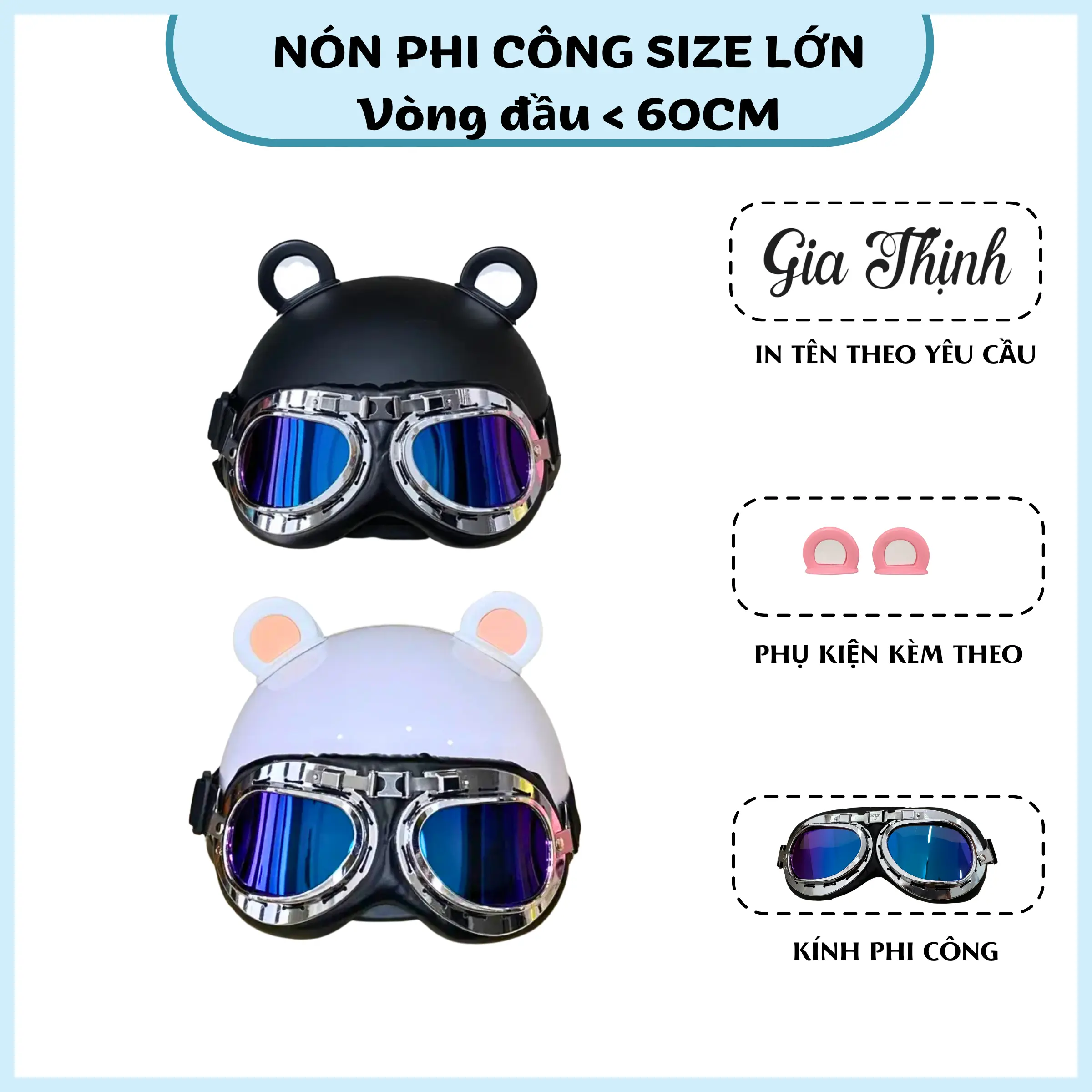 Nón bảo hiểm phi công kèm Phụ Kiện tai gấu và kính phi công Helmet