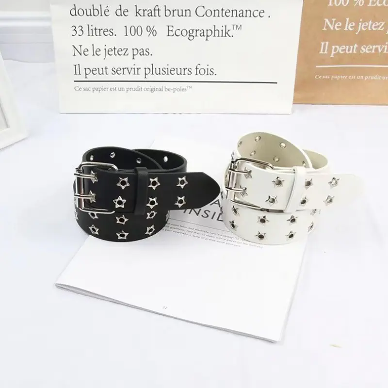 Thắt Lưng Dây Chuyền Xích, Thời Trang, Phong Cách Punk, Có Thể Điều Chỉnh, Ngôi Sao Rỗng Khóa Hai Ngực, Khóa Kim Loại, Làm Bằng Da, Thích Hợp Cho Quần Jean, Dây Thắt Lưng 6