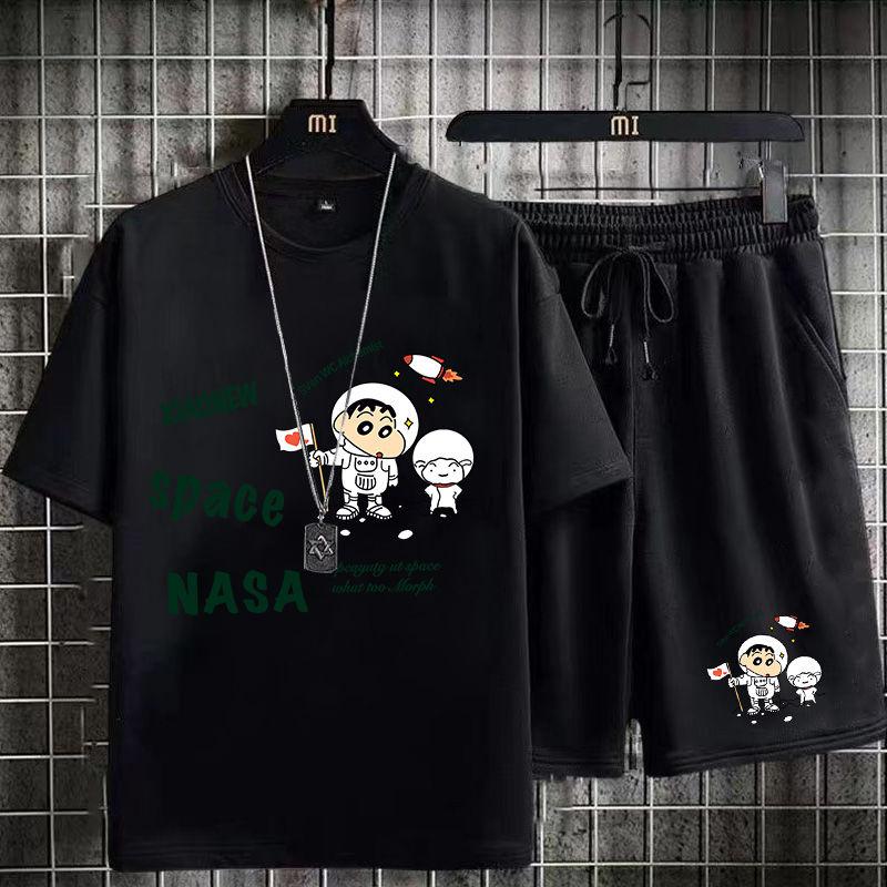 Product Introduction of Casual Sports Suit for Men Summer 2024 New Style Middle School Student Printed T-Shirt Men's Short Sleeve Shorts Trendy 1/2 Piece Fasciitis 19