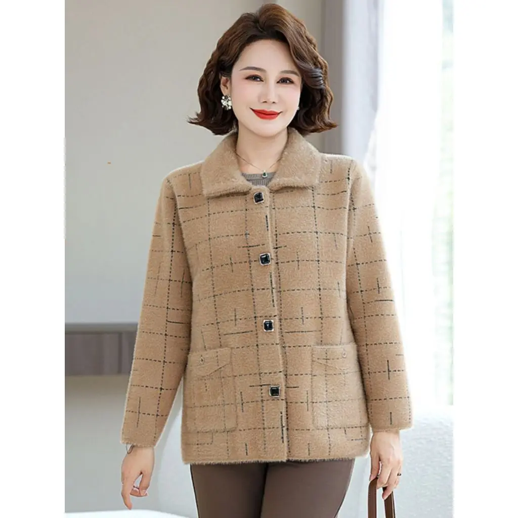 Áo khoác cho mẹ trung niên 60 70 tuổi họa tiết kẻ sọc HAFA T68 chất nỉ lông cao cấp tặng người già