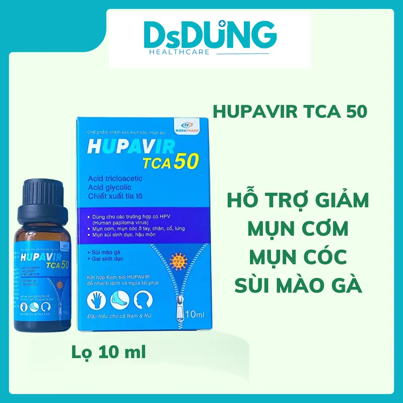 [Che tên] Hupavir TCA 50-Monapharm-bổ sung acid tricloacetic, acid glycolic,chiết xuất tía tô,trà xanh-Hỗ trợ đào thải HPV, làm rụng, giảm sùi mào gà, mụn cóc cả nam và nữ-lọ 10ml 0