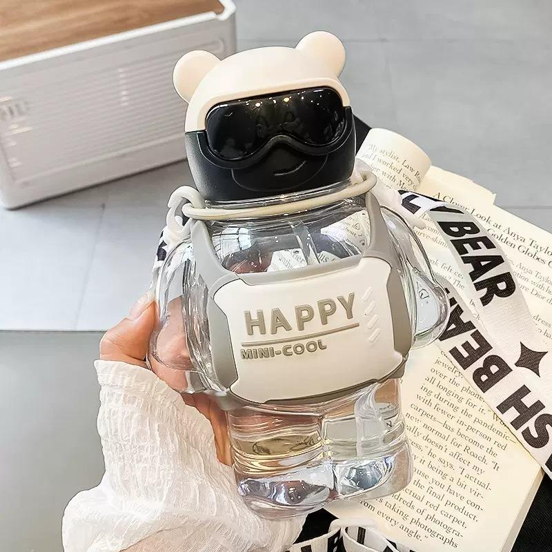800ml Cartoon Design Water Bottle, 1 Count Portable Cute Water Bottle With Straw & Lanyard, Drinking Bottle For Student 2