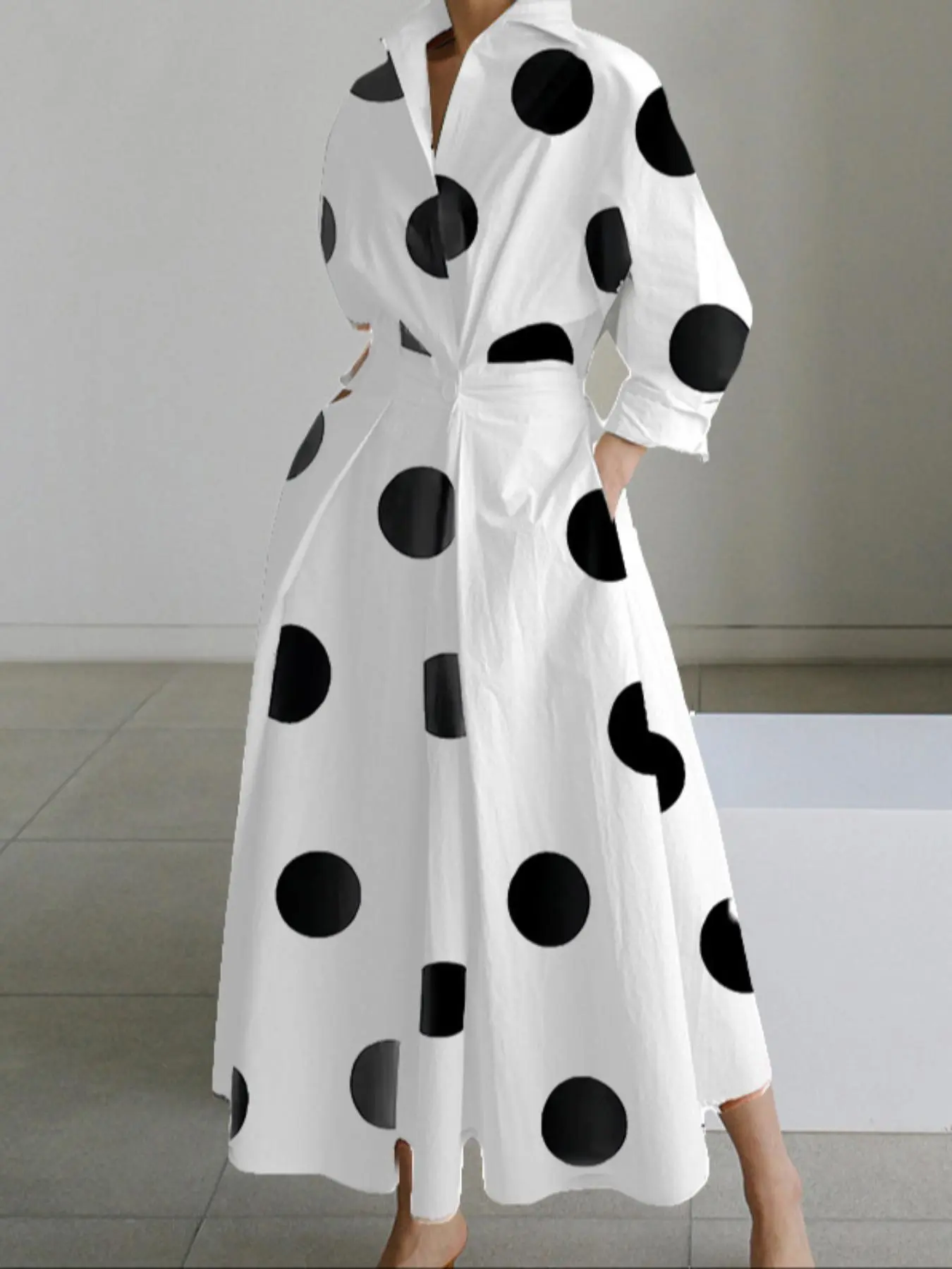 Women's Polka Dot / Floral Print Pocket Dress, Casual Long Sleeve Collared Dress for Spring & Fall, Women's Clothing for Daily Wear