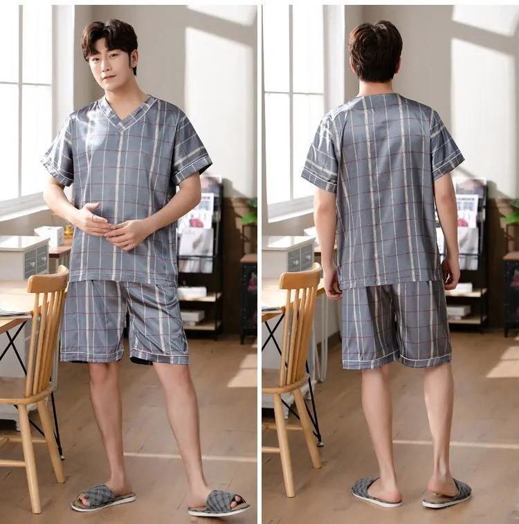 Product Introduction of Men's Pajamas Summer Fashion V-Neck Thin Ice Silk Short-Sleeved Shorts Nightie Two Piece 2024 New Boys Casual Sleepwear Nightie 37