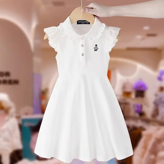 3-14Y Quần áo trẻ em phong cách Hàn Quốc Váy bé gái cô gái mới Váy tay bay màu trắng