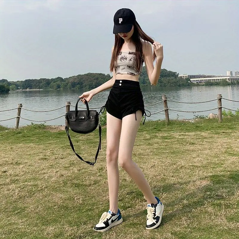 2025 Black Denim Shorts 2024 Summer New High Waist Drawstring Women's Flab Hiding Sheath Women's Team Pants Hot Hot Pants for Hot Girls