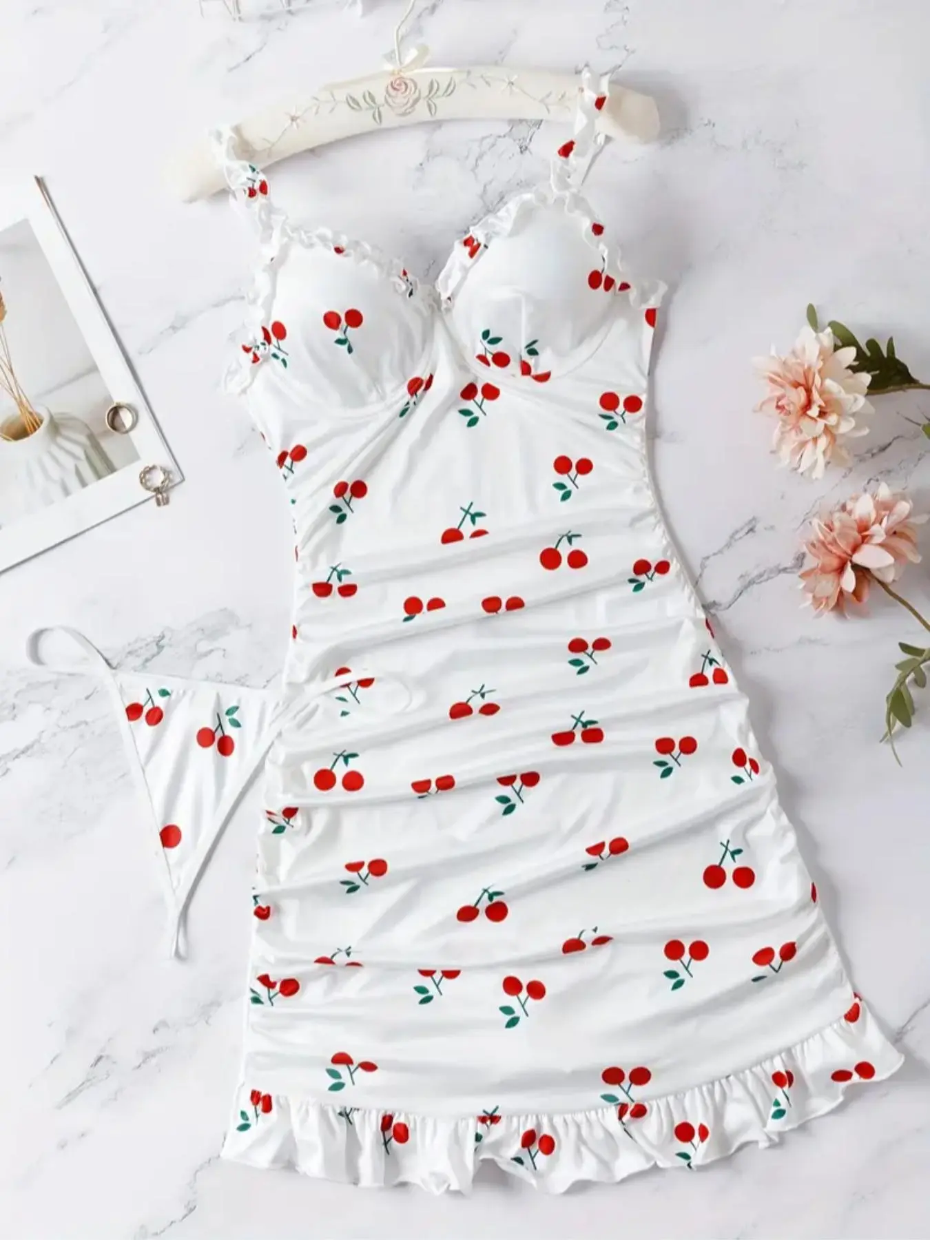 Women's Cherry Print Frill Trim Cami Top & Thong Sexy Sleepwear Two-piece Set, Casual Comfy Ruffle Hem Pyjama Set for Women, Women's Sleepwear for All Seasons