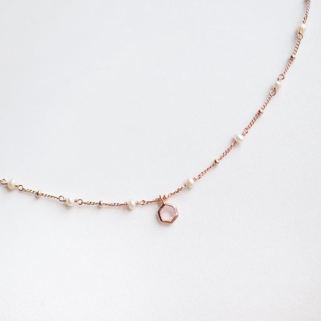 (AZEN) TESS Necklace - Rose Quartz (Rose Gold)