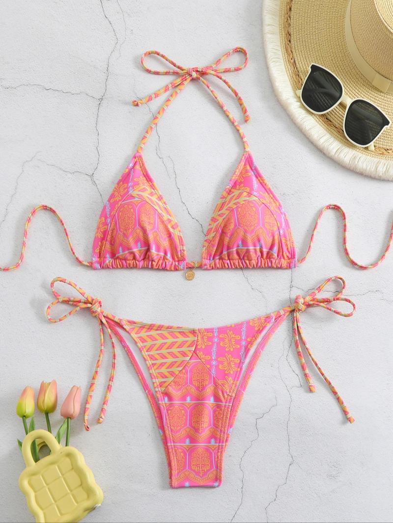 Product Introduction of Two-Piece Set Women's Ethnic Pattern Bikini Set, Boho Halter Triangle Swim Bra & Tie Side Swim Bottom, Ladies Summer Swimwear for Beach Holiday Vacation 1