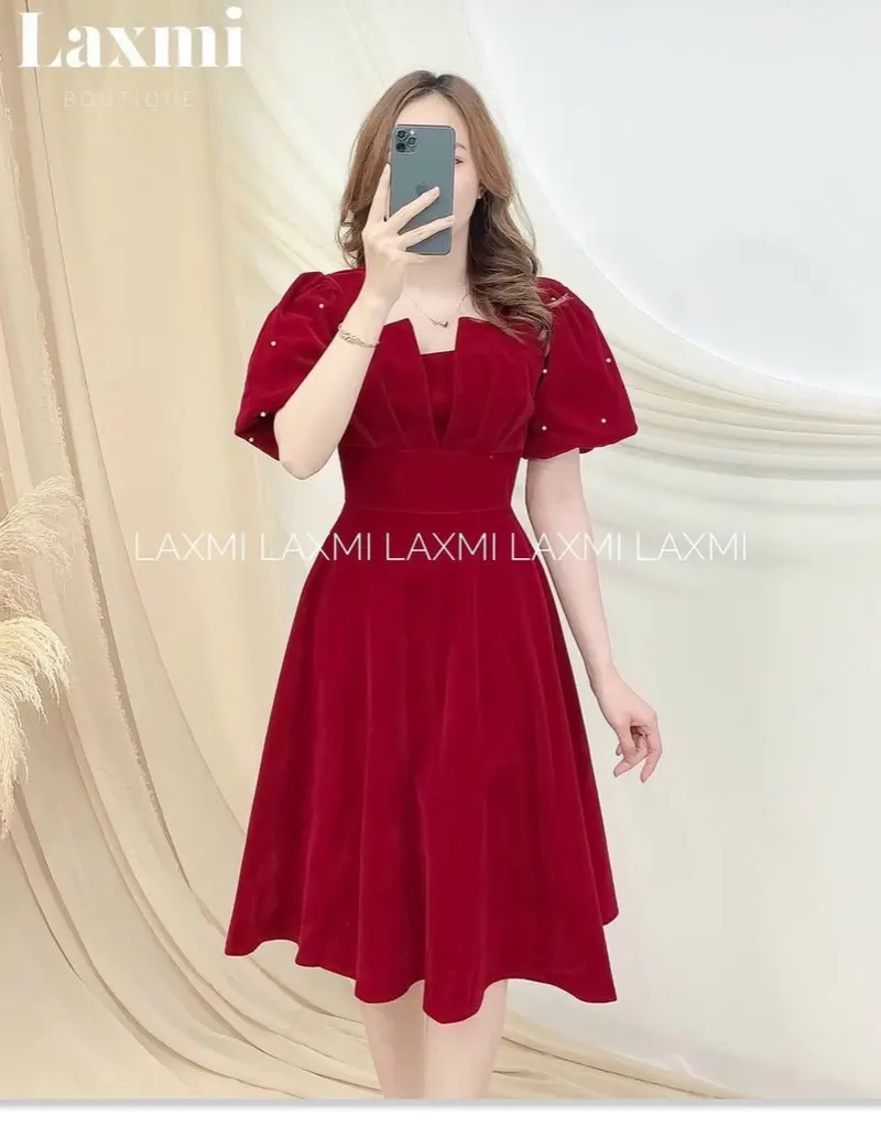 Đầm Umi Vải Đính Cườm Chất Liệu Mềm Mịn Dày Dặn, Thoáng Mát Nữ Women Nhung Dress Kem Màu Đỏ đầm sangchảnh Không rửa Red Tua Rua