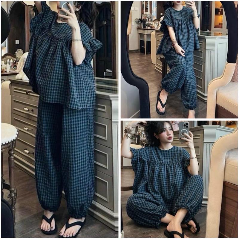 Set Đồ Bộ Xanh Kẻ Caro Tay Áo Bèo Quần Dài Baby Tiểu Thư @IMAYBI.14 Women Nữ Voi Nhung Top set  áo