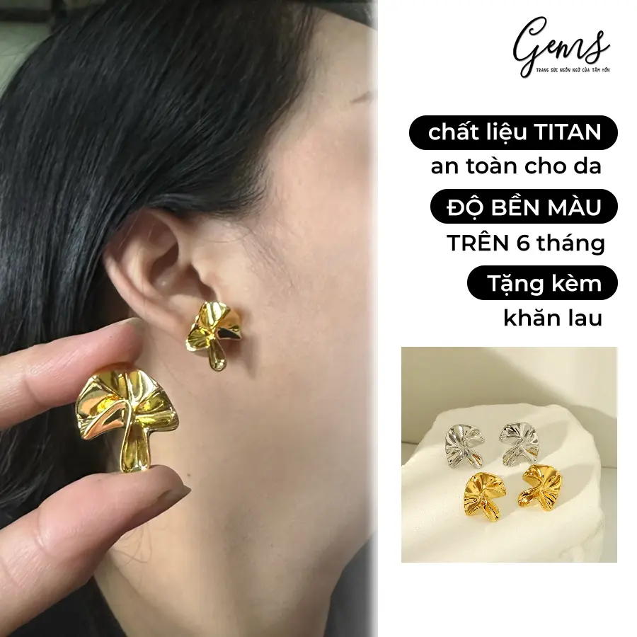 Khuyên tai TITAN nữ thiết kế lập thể uốn lượn, phụ kiện trang sức, KHÔNG GỈ ĐEN l TIỆM PHỤ KIỆN GEMS