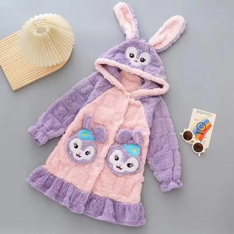 Áo choàng tắm đồ mặc ở nhà dày dặn lót lông cừu, cho bé gái và trẻ em và thanh thiếu niên, đồ ngủ trẻ em, lông cừu san hô, thích hợp cho mùa thu, đồ ngủ trẻ em set  đồ  nữ  đẹp 1