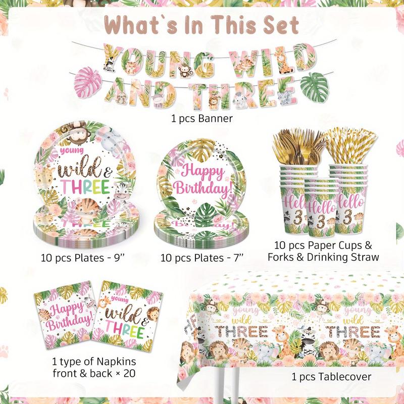 Jungle Themed Birthday Party Decoration Set, 72pcs/set Including Happy Birthday Banner, Plate, Napkin, Fork, Straw, Cup, Tablecloth, Party Supplies, Gifts 2