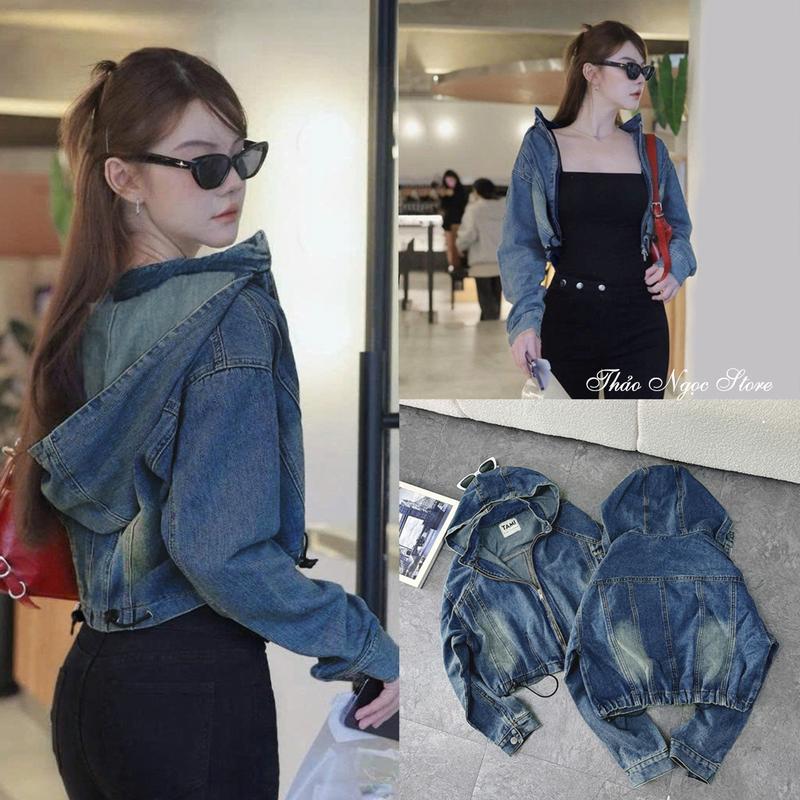 Áo khoác jean nữ croptop có mũ tay dài dây rút eo khóa kéo! THẢO NGỌC STORE