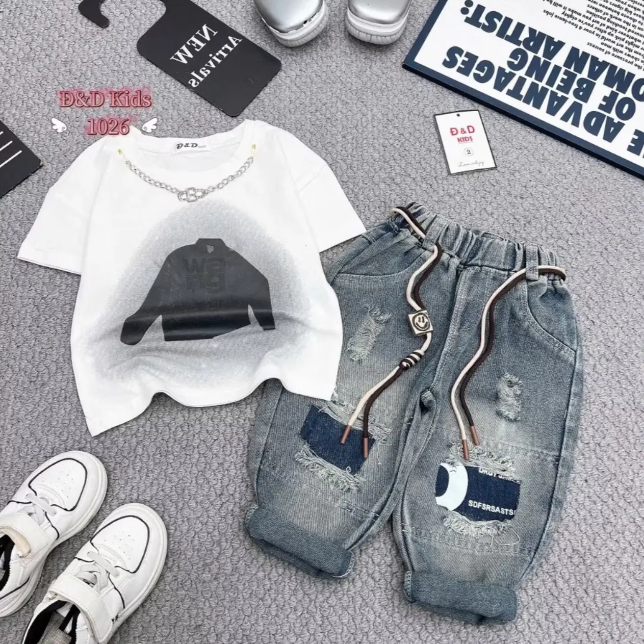 ￼[M81] Set áo cộc cotton và quần bò rách phong cách, sét đồ bé trai chất đi chơi, đi học