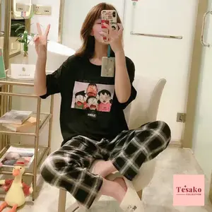 TKS Baju tidur wanita dewasa bahan katun adem serap keringat set piyama perempuan kaos lembut lengan pendek celana panjang motif karakter animasi lucu fullprint cocok untuk harian santai murah jumbo fit to XXL PY005