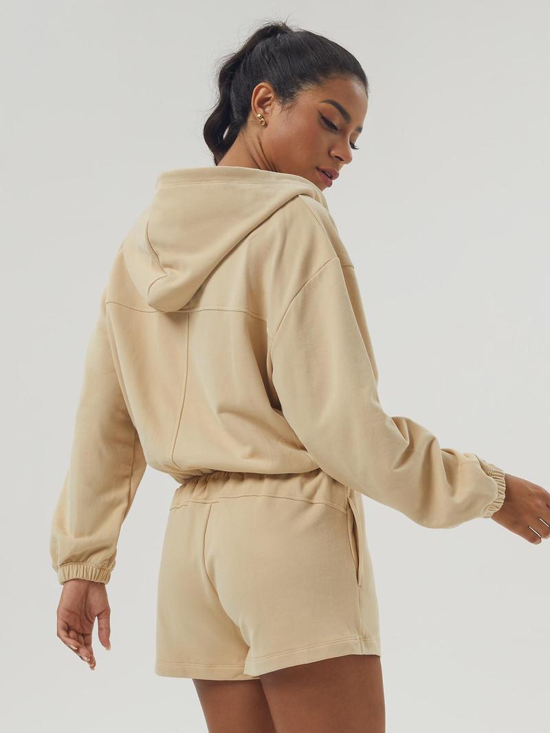 Product Introduction of Women's Solid Color Zip Up Hooded Sweatshirt & Drawstring Waist Shorts Sports Sweat Set, Casual Long Sleeve Zip Front Outerwear & Shorts, Ladies Sportswear for Indoor Outdoor Wear, Tracksuit 8