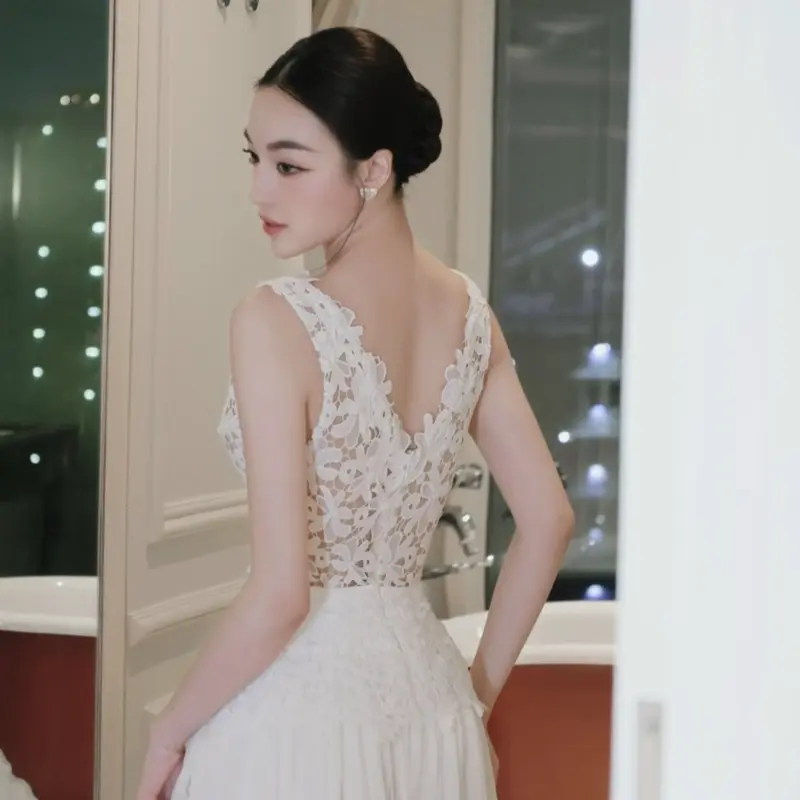 Sét thiết kế - Sét áo ren hoa phối chân váy xoè nhún dáng dài 1337-CN Women Nữ Top Nhung Viền Ren 2