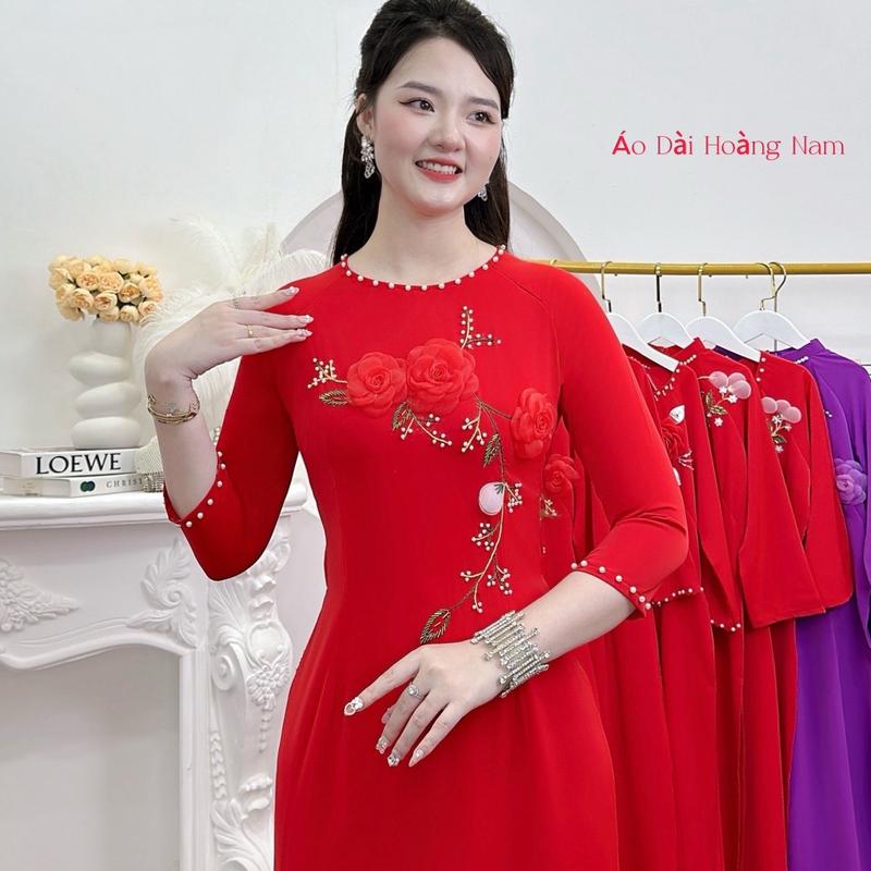 H6 Áo Dài Truyền Thống Mặc Tết Vải Lụa Mỹ Cao Cấp Loại I Đính Hoa 3 Bông Đỏ Thủ Công D03 Cổ Tròn. Nữ Women Dress Thêu áodài các Voan Sen