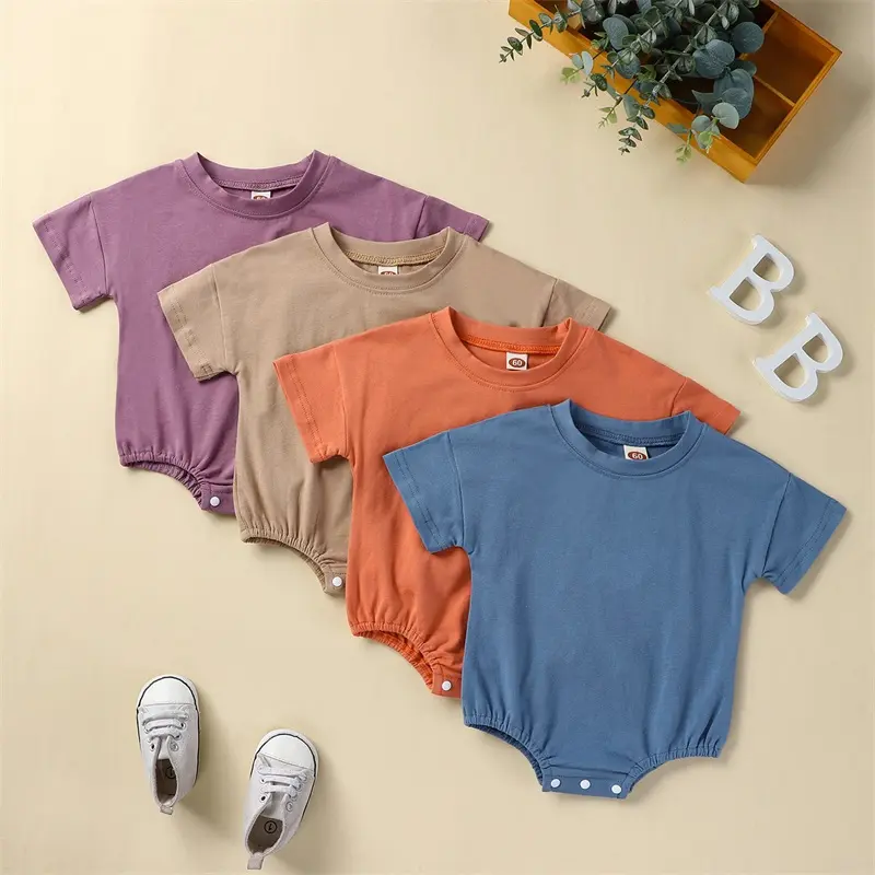 Baby Romper, Short Sleeve Crew Neck Solid Summer Bodysuit Clothes for Girls Boys Advised age:0-18 Months