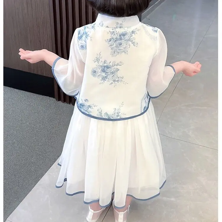 [KIDSFASHIONKOLEKSI] Setelan Anak Perempuan Cheonsam Motif Biru Putih Free Accesoris , Jepit &Tato 5