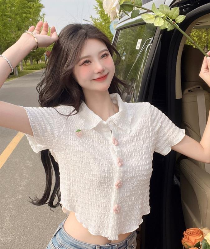 Product Introduction of Áo Sơ Mi Ngắn Cổ Búp Bê, Dành Cho Nữ, Phong Cách 2024, Dệt Kim, Bất Đối Xứng, Thiết Kế Hoa Ngọt Ngào Cô Gái Nóng Bỏng, Thích Hợp Cho Mùa Hè, Áo Sơ Mi ngắn Tay Top Women 7