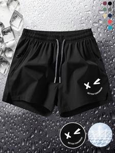 Men's Solid Color Smile Face Print Side Split Hem Drawstring Waist Beach Shorts, Casual Breathable Quick Drying Zipper Pocket Shorts for Vacation Beach, Men's Sportswear for All Seasons