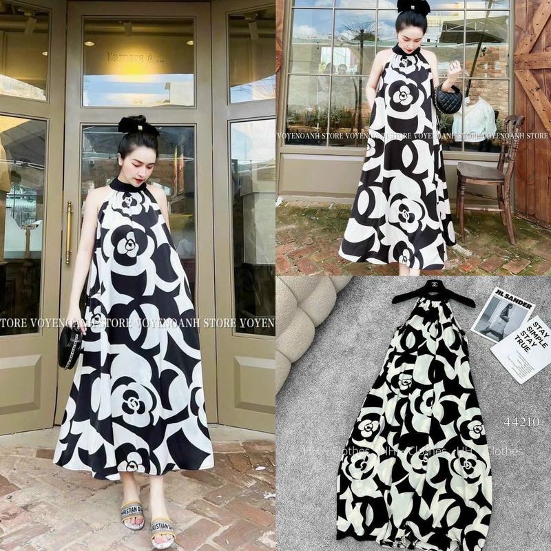 Đầm bầu hoa trà đi biển sang chảnh cổ yếm